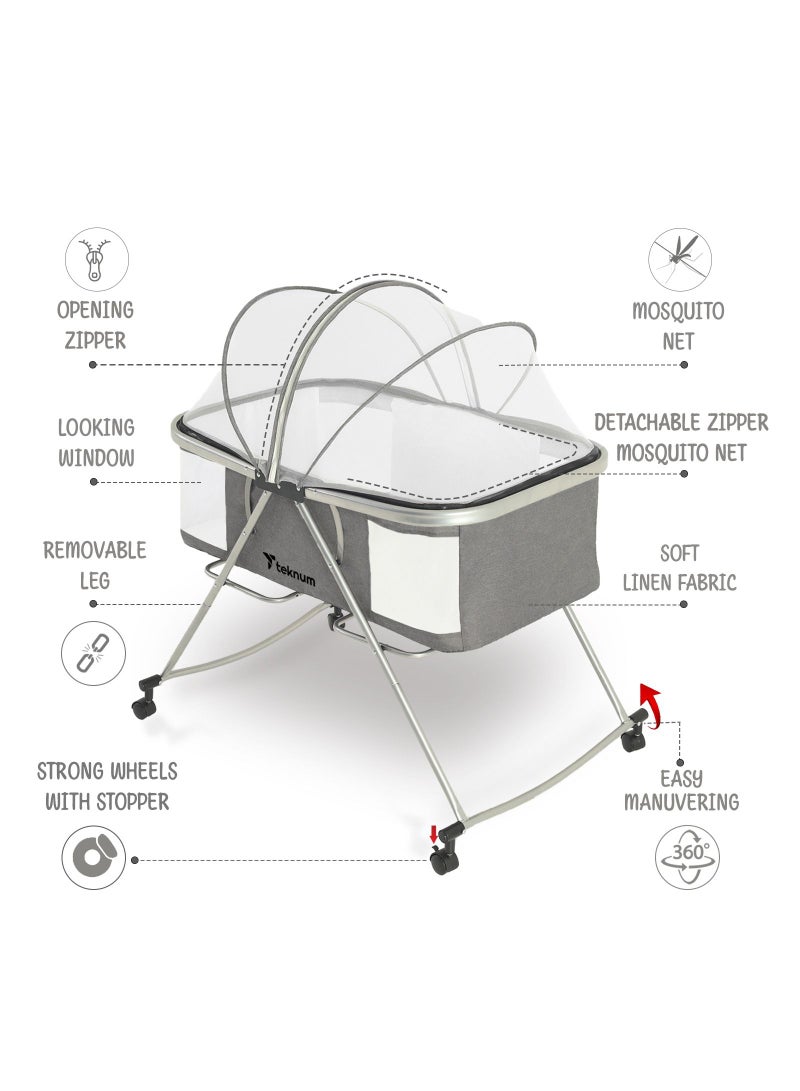 3 - In - 1 Baby Cot , Cradle With Mosquito Net And Wheels - Dark Grey