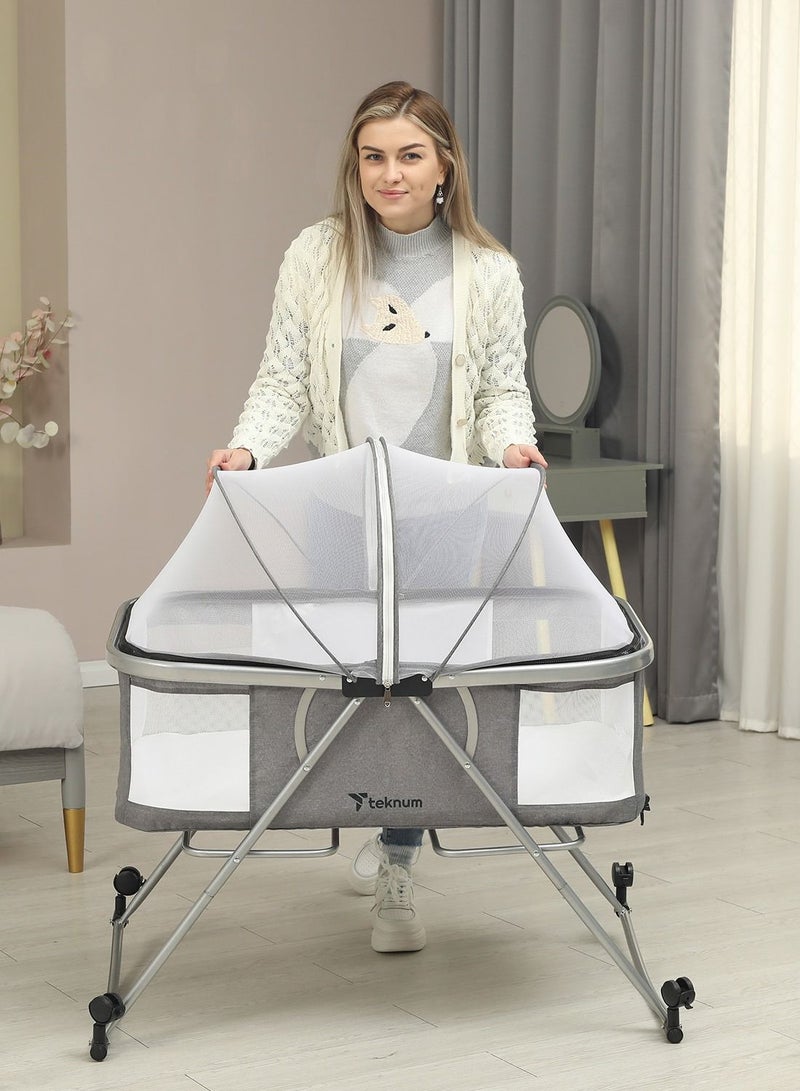 3 - In - 1 Baby Cot , Cradle With Mosquito Net And Wheels - Dark Grey