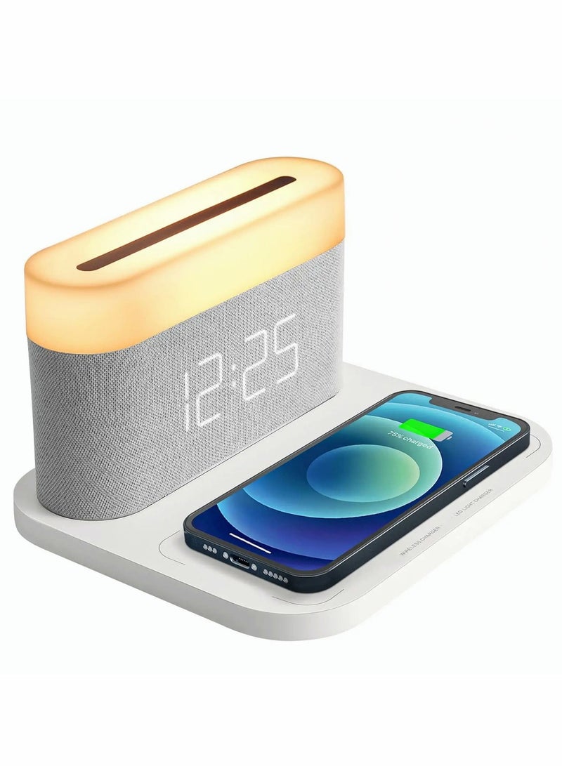 Digital Alarm Clock with LED Night Light Wireless Charging 15W Max Touch Bedside Lamp with 5-100% Adjustable Brightness,12/24Hr,Snooze,QI Wireless Charger,Bedroom