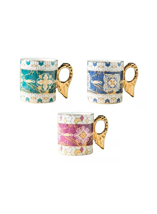 3-Piece Ceramic 320ml Coffee Mugs With Gold Rim Handle Tea Cups