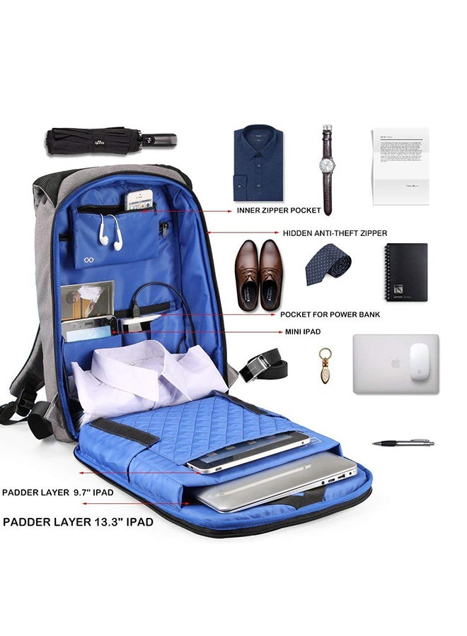 Anti Theft Laptop Backpack With USB Charging Port Grey
