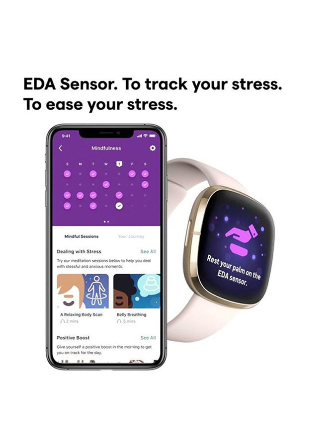 Sense, Advanced Smartwatch With Tools For Heart Health, Stress Management And Skin Temperature Trends Lunar White/Soft Gold Stainless Steel