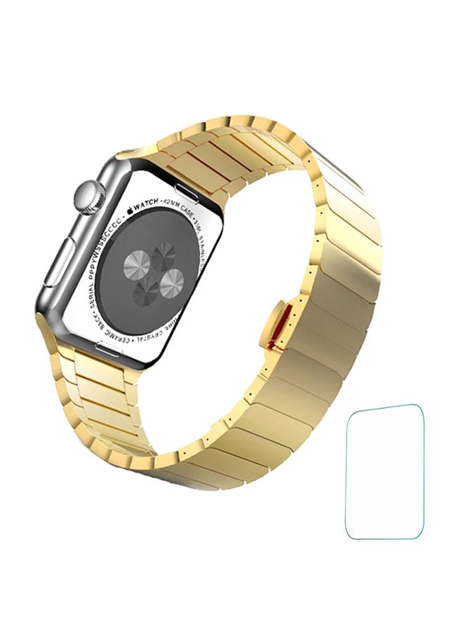 Stainless Steel Band Strap With Screen Protector For 42mm Apple Watch Gold/Clear