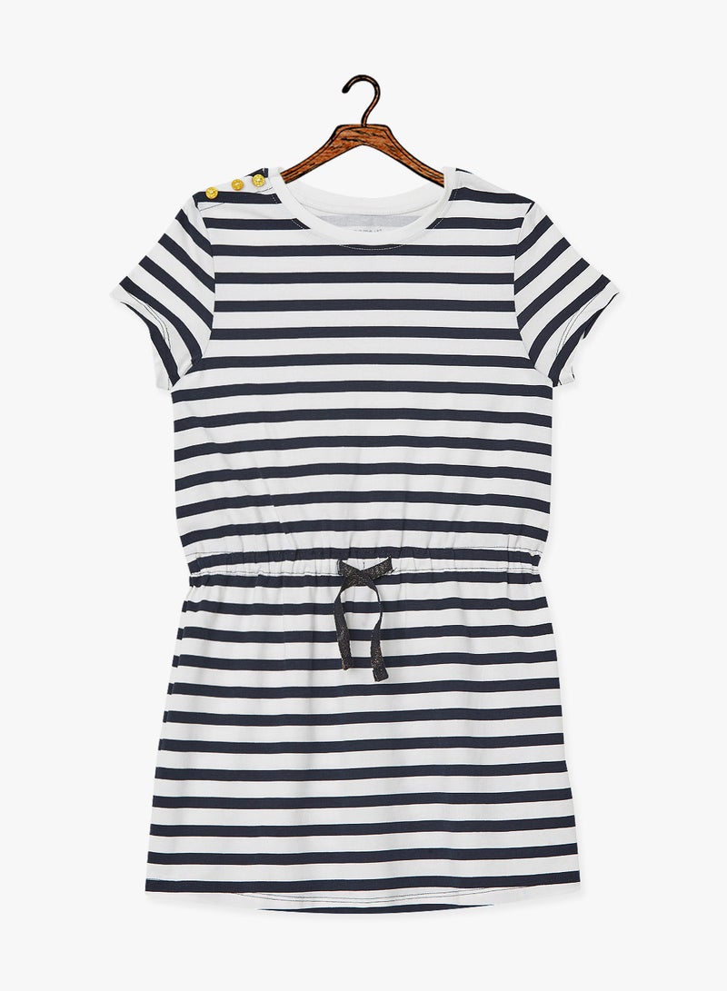 Drawstring Waist Striped Dress Navy/White