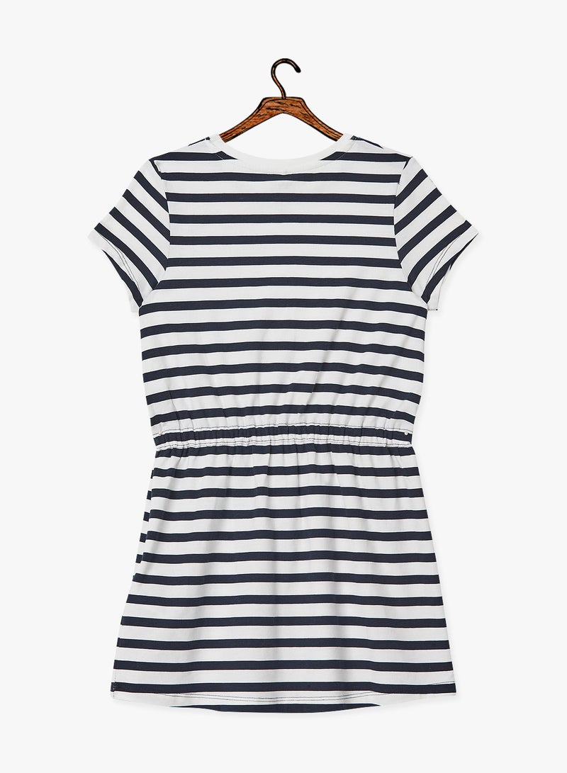 Drawstring Waist Striped Dress Navy/White