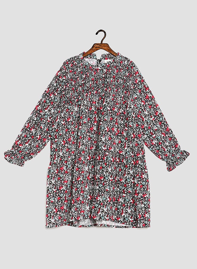 Long Sleeve Crew Neck Floral Dress Dark Sapphire