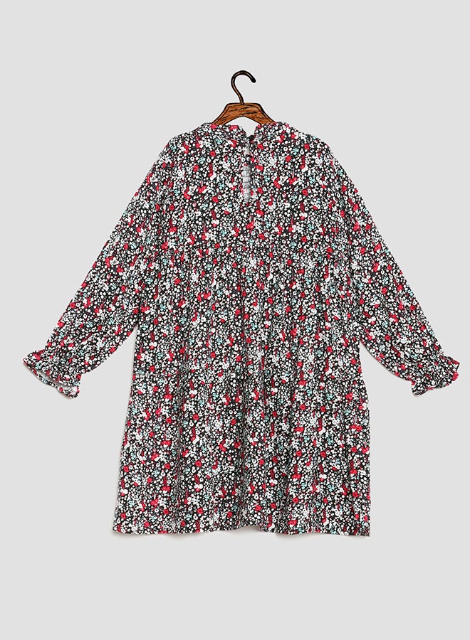 Long Sleeve Crew Neck Floral Dress Dark Sapphire