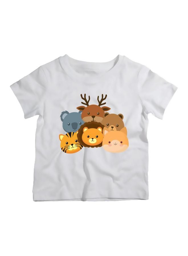 Cute Animals Printed T-Shirt White/Brown/Yellow