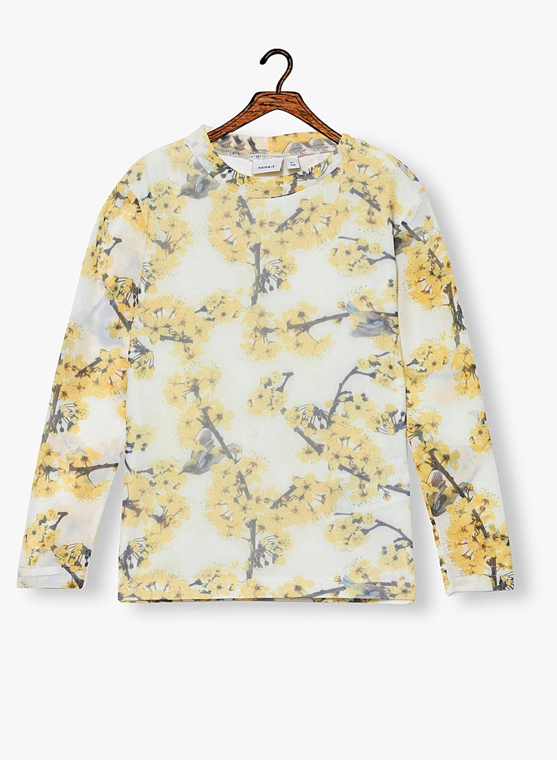 Kids Floral Print Long Sleeve T-Shirt Yellow/Grey