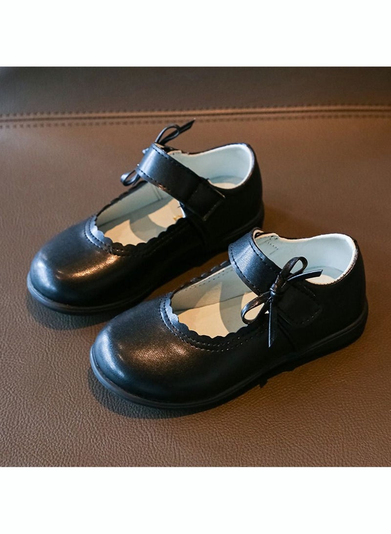 Girls Princess Leather Shoes Mary Jane Dance Flats Low Heel School Uniform Shoes With Bowknot