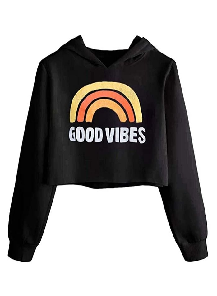 Girls Unicorn Good Vibes Crop Tops Kids Cute Hoodies Long Sleeves Sweatshirts