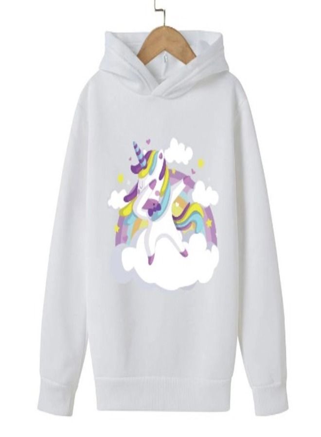 Cute Unicorn Dub Printed Hoodie For Girls White