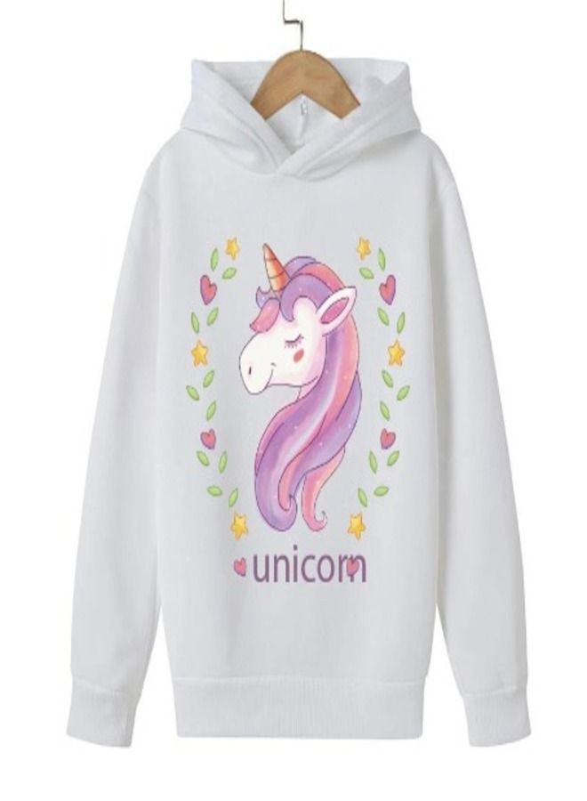 Cute Unicorn Printed Hoodie For Girls White