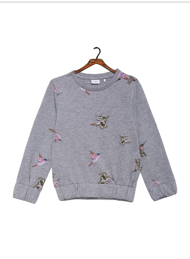 Birds Print Long Sleeve Sweatshirt Grey Melange