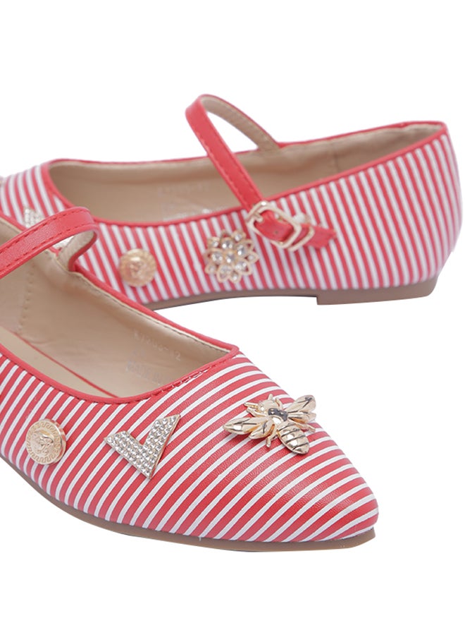 Girls Striped Charms Embellished Mary Janes Red/White