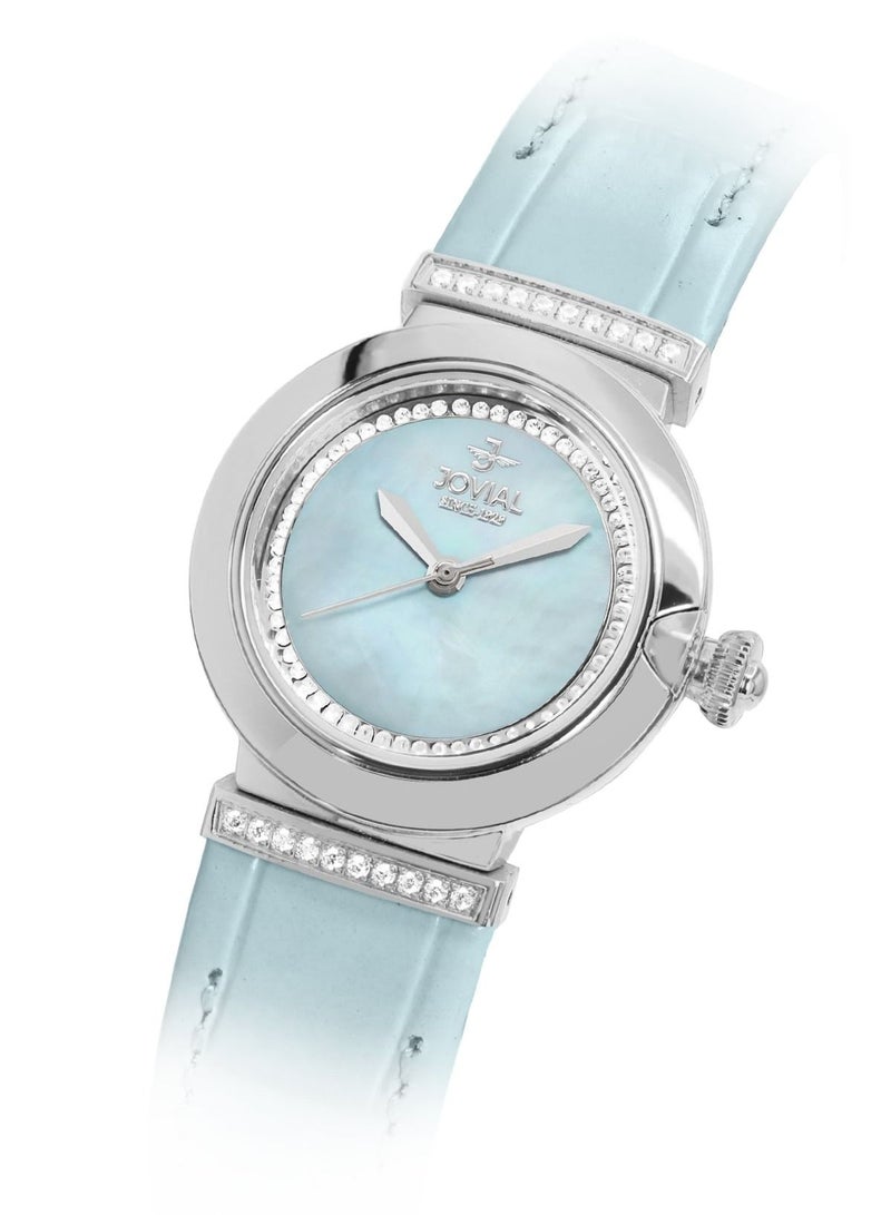 JOVIAL 1514LSLQ44E Women's Fashion Leather Strap Watch,28 MM, Sky Blue