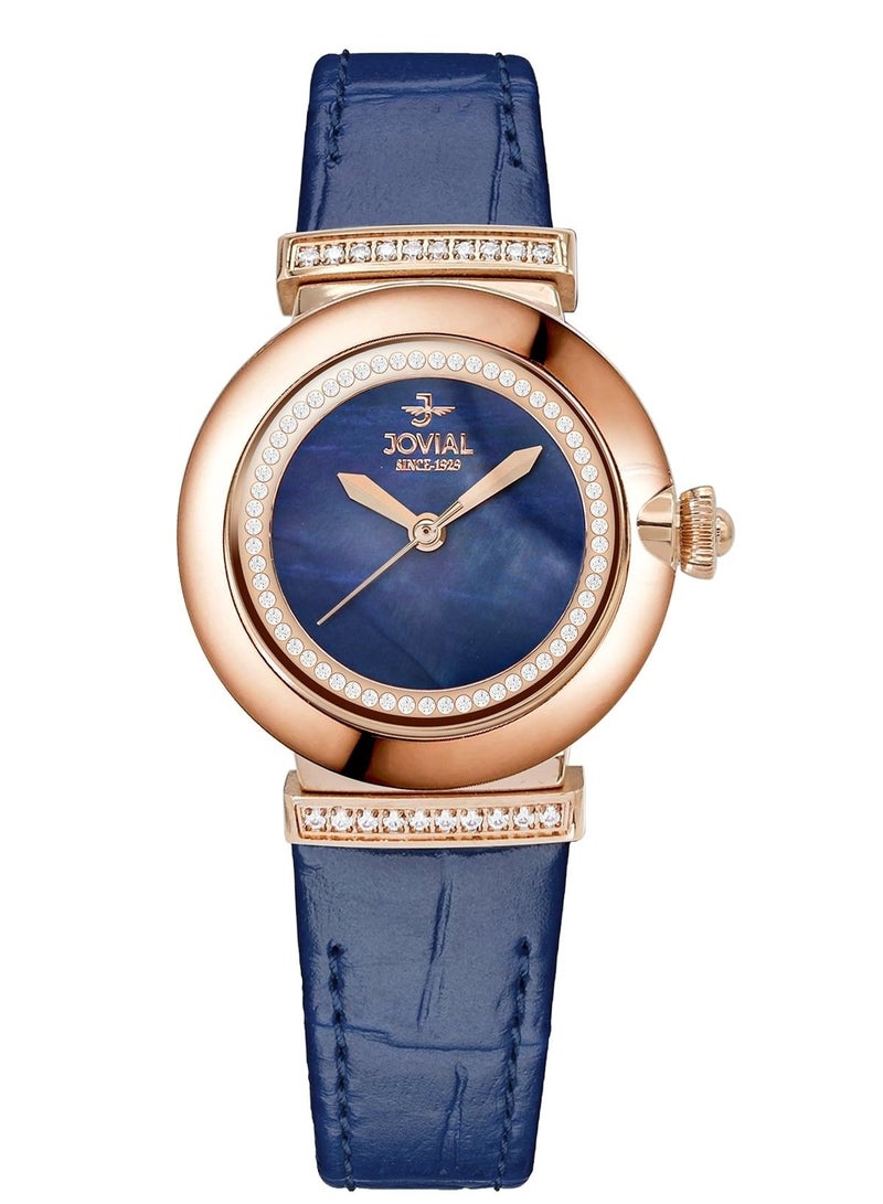 JOVIAL 1514LRLQ54E Women's Fashion Leather Strap Watch,28 MM, Blue
