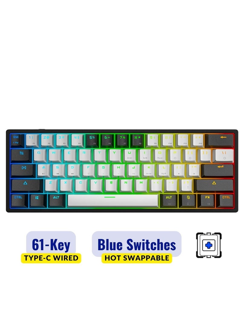 Mechanical Keyboard 61 Keys PBT Translucent Dual-Color Injection Keycaps RGB Backlight Detachable Type-C Wired 60% Gaming Keyboard Black/White - Blue Switch