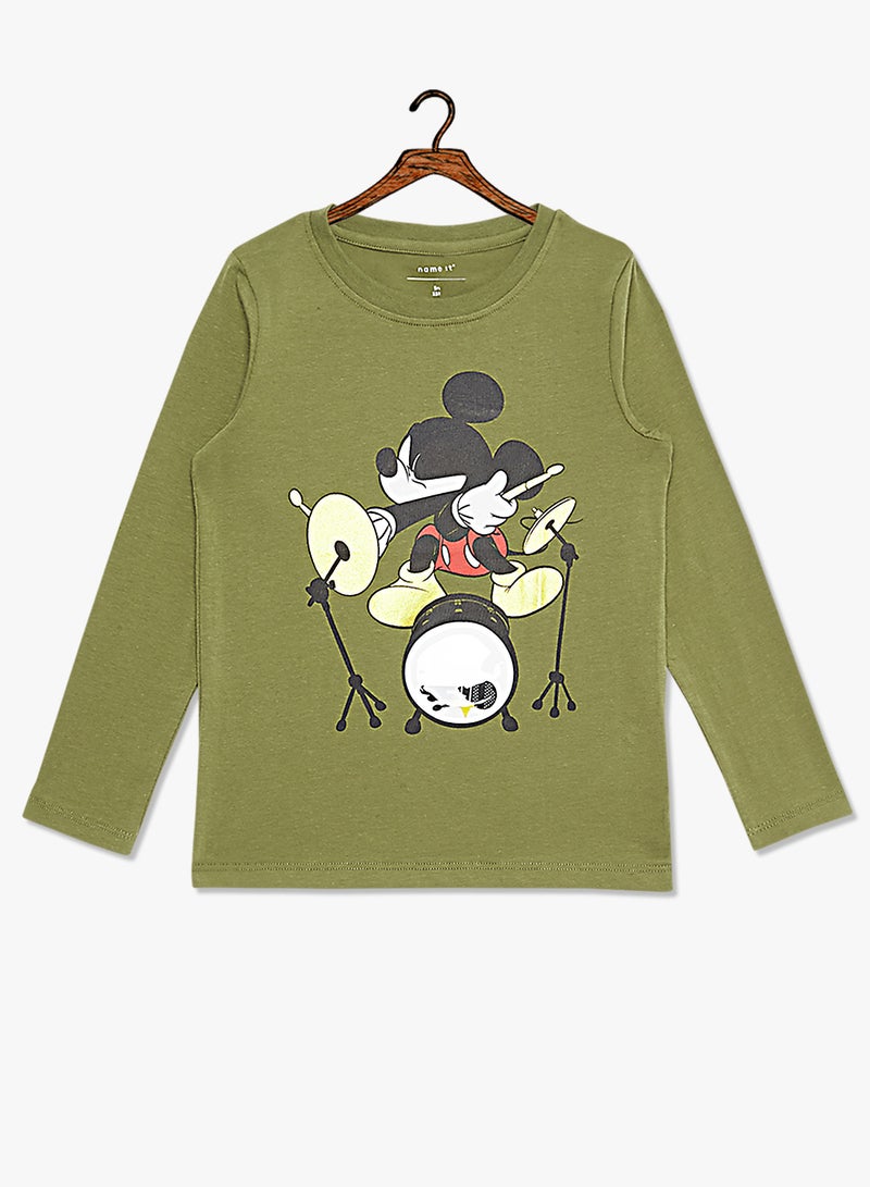 Kids Mickey Mouse Long Sleeve T-Shirt Olive