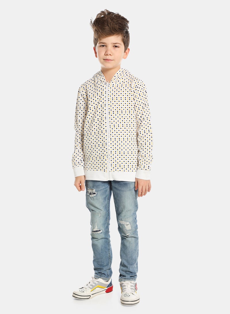 Boys Comfortable All Over Printed Long Sleeve Cotton Casual Sweatshirt White/Blue/Yellow