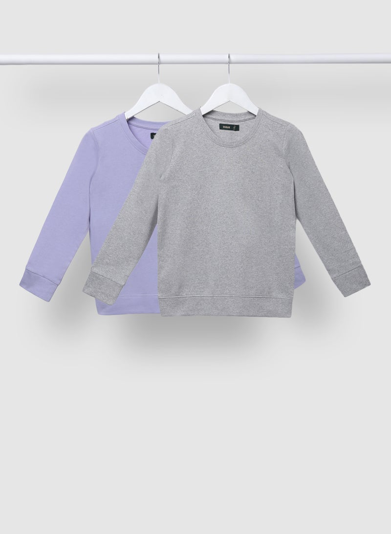 Boys Pack Of 2 Solid Pattern Cotton Blend Crew Neck Sweatshirt Grey/Light Purple