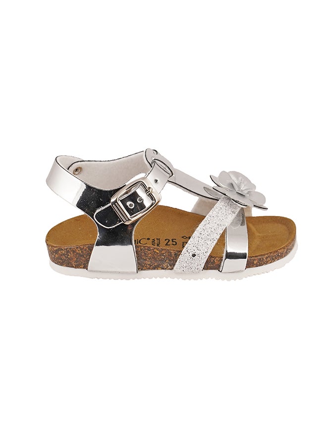 Floral Embellished Metallic Backstrap Sandals Silver