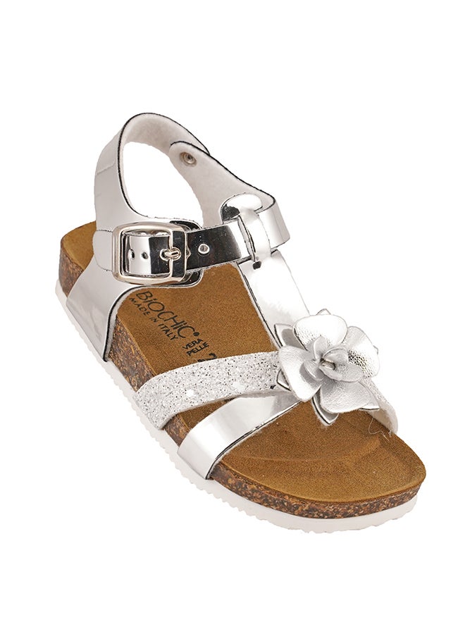 Floral Embellished Metallic Backstrap Sandals Silver