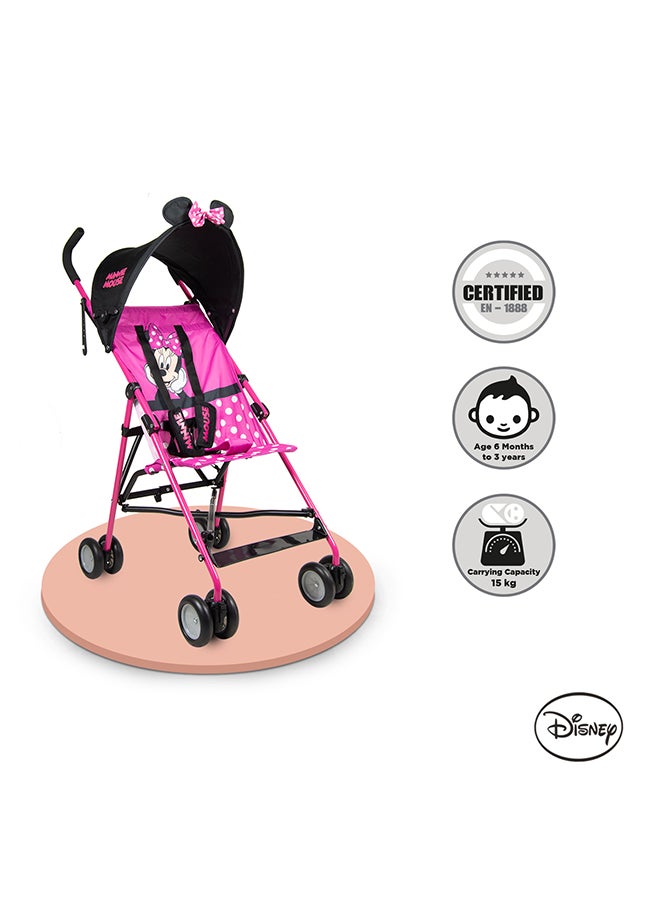 Minnie Mouse 3D Ears Lightweight Buggy Stroller 3 - 36 Months, Pink, Rear Breaks, Shoulder Strap