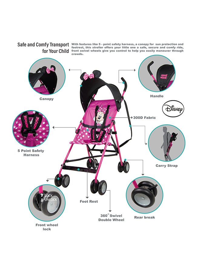 Minnie Mouse 3D Ears Lightweight Buggy Stroller 3 - 36 Months, Pink, Rear Breaks, Shoulder Strap