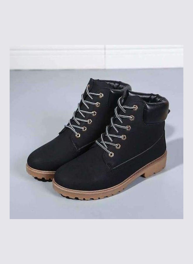 Lace-Up Low Heel Ankle Boots Black