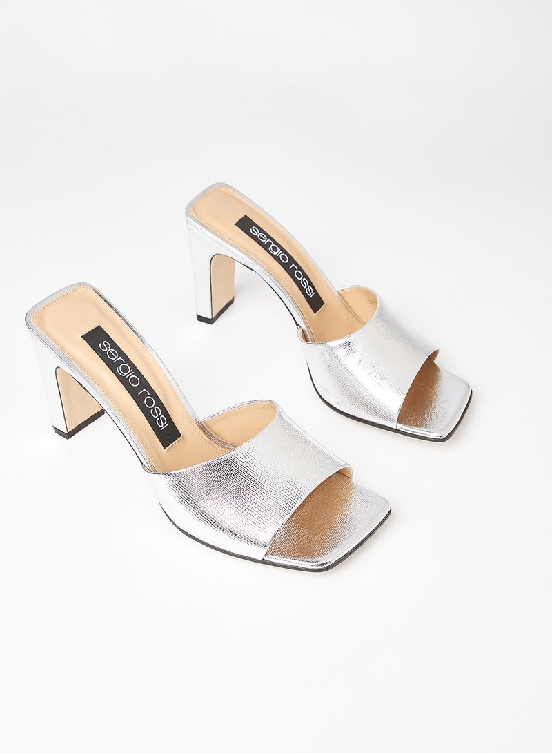 High Heel Leather Mules Silver