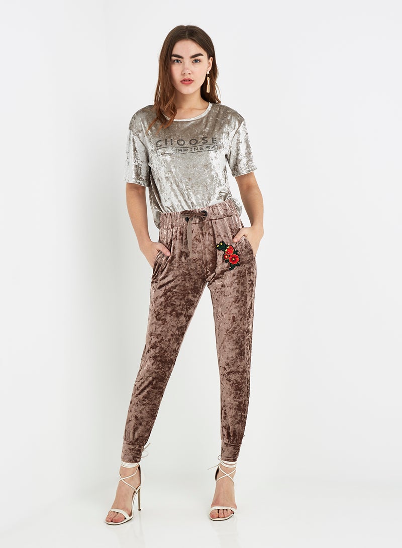 Embroidered Skin Fit Sweatpants Beige