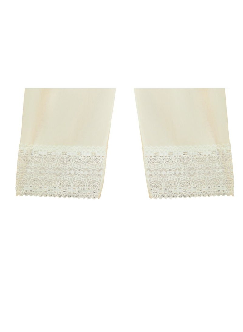 3- Pieces Full Length Soft inner Pants Trousers Big Lace Silk 100% with Elasticised Waistband Women Off White