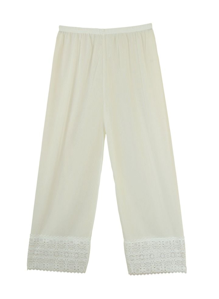 3- Pieces Full Length Soft inner Pants Trousers Big Lace Silk 100% with Elasticised Waistband Women Off White