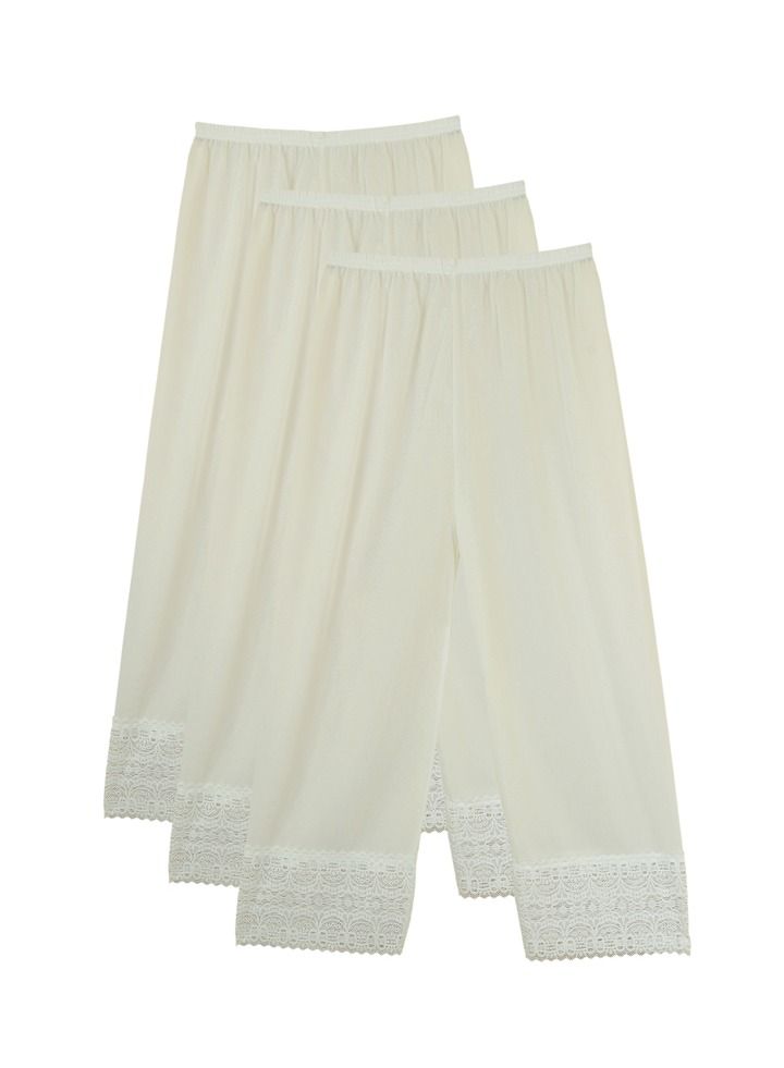 3- Pieces Full Length Soft inner Pants Trousers Big Lace Silk 100% with Elasticised Waistband  Women Off White