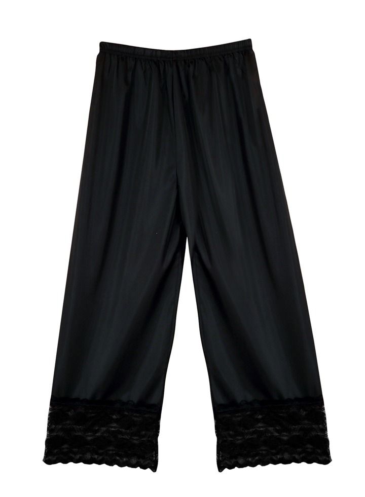 3- Pieces Full Length Soft inner Pants Trousers Big Lace Silk 100% with Elasticised Waistband Women Black