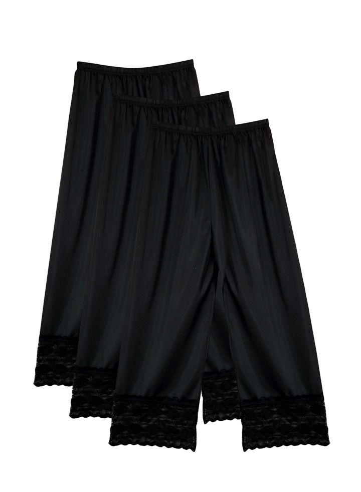 3- Pieces Full Length Soft inner Pants Trousers Big Lace Silk 100% with Elasticised Waistband  Women Black