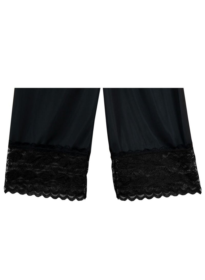 3- Pieces Full Length Soft inner Pants Trousers Big Lace Silk 100% with Elasticised Waistband Women Black