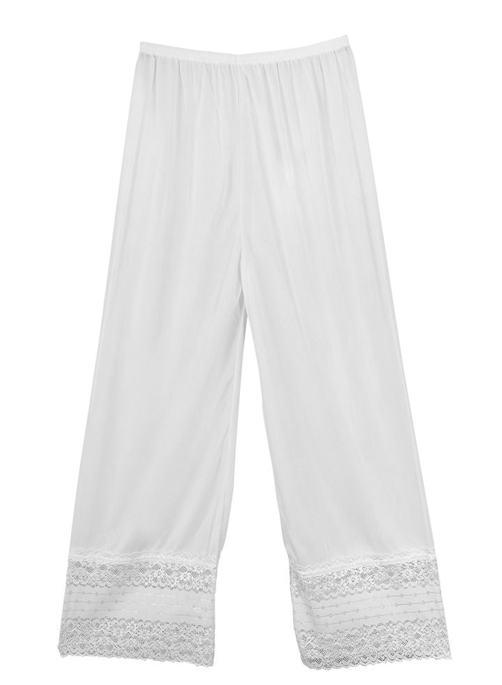 3- Pieces Full Length Soft Inner Pants Trousers Big Lace Silk 100% with Elasticised Waistband Women White