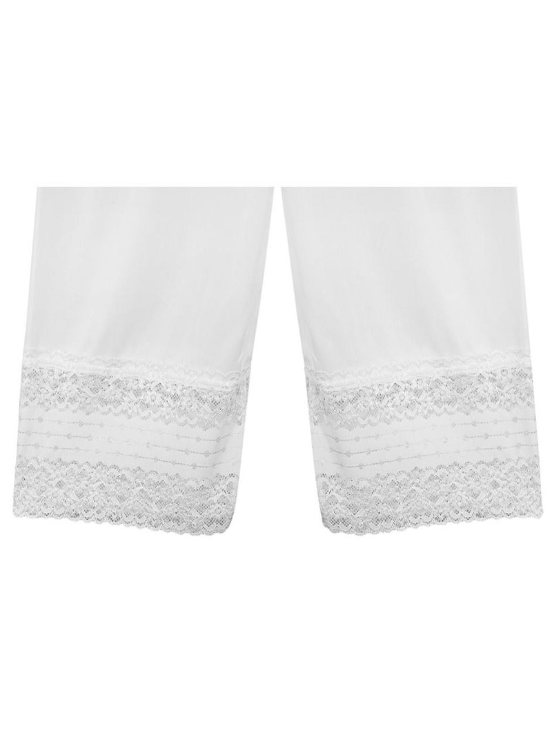3- Pieces Full Length Soft Inner Pants Trousers Big Lace Silk 100% with Elasticised Waistband Women White