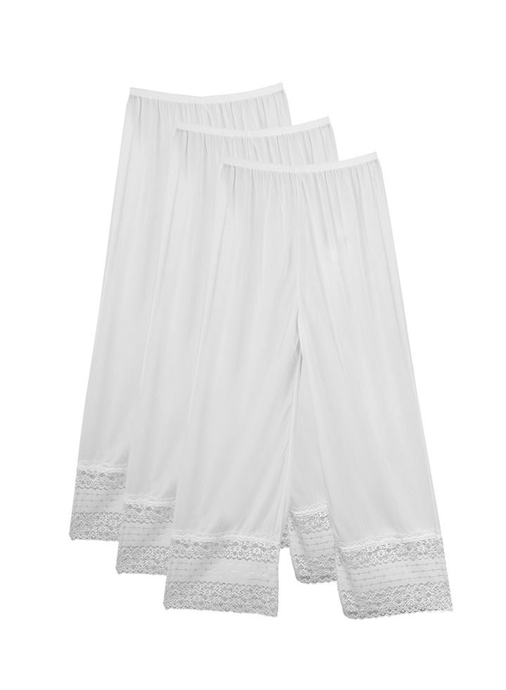 3- Pieces Full Length Soft Inner Pants Trousers Big Lace Silk 100% with Elasticised Waistband  Women White