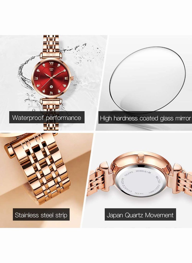 Women's Stainless Steel Strap Quartz Watches Analog Display Round Red Dial Watch with Rose Gold Band