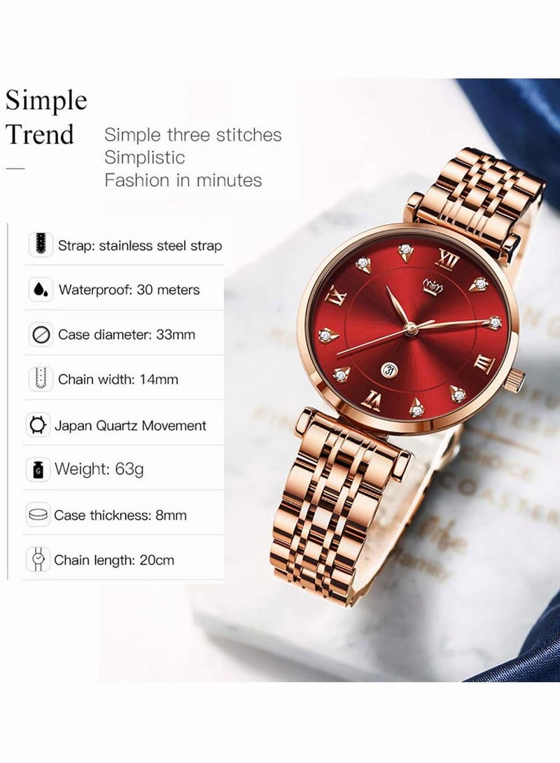 Women's Stainless Steel Strap Quartz Watches Analog Display Round Red Dial Watch with Rose Gold Band