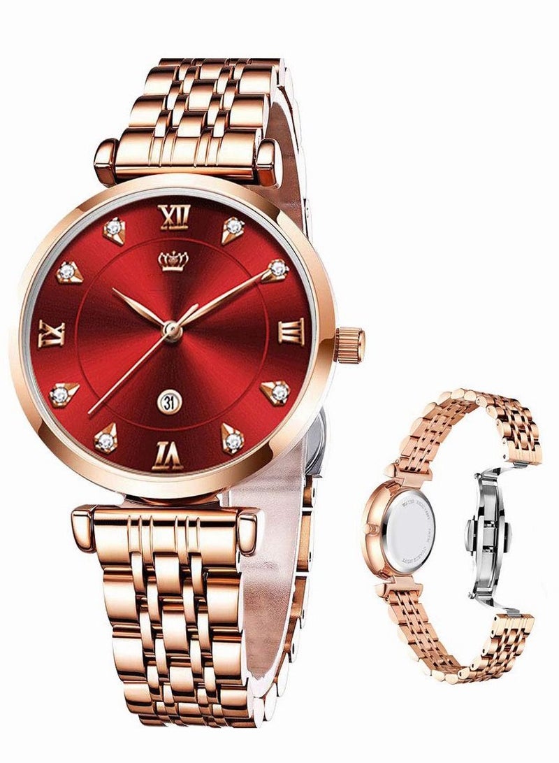 Women's Stainless Steel Strap Quartz Watches Analog Display Round Red Dial Watch with Rose Gold Band