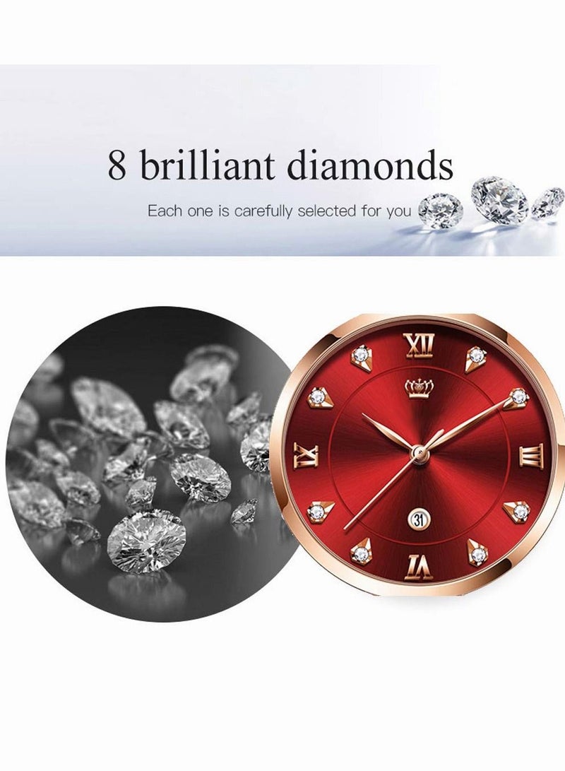 Women's Stainless Steel Strap Quartz Watches Analog Display Round Red Dial Watch with Rose Gold Band