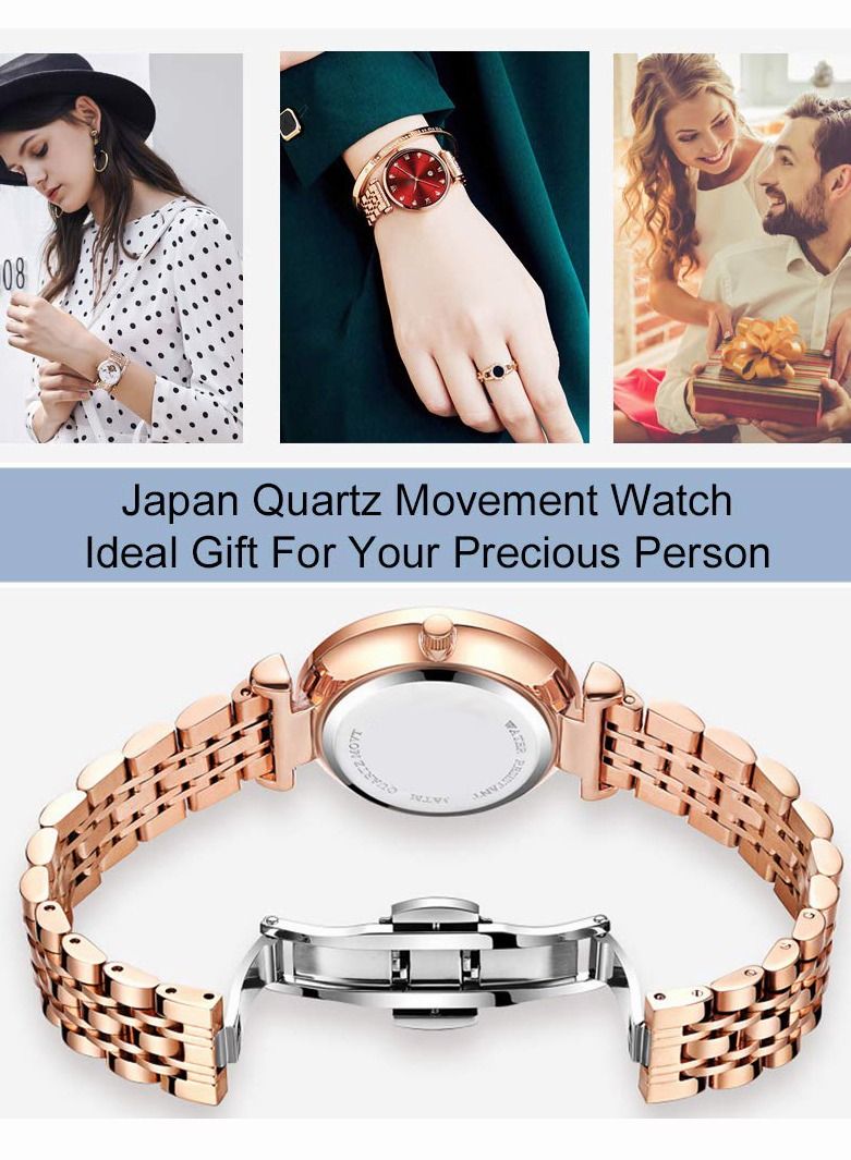 Women's Stainless Steel Strap Quartz Watches Analog Display Round Red Dial Watch with Rose Gold Band