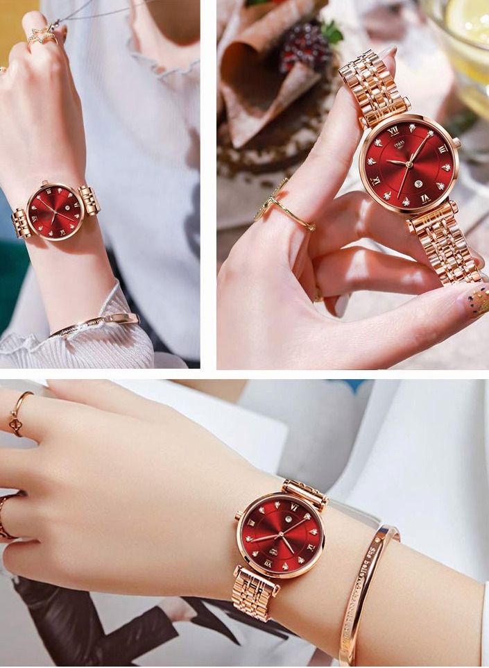 Women's Stainless Steel Strap Quartz Watches Analog Display Round Red Dial Watch with Rose Gold Band