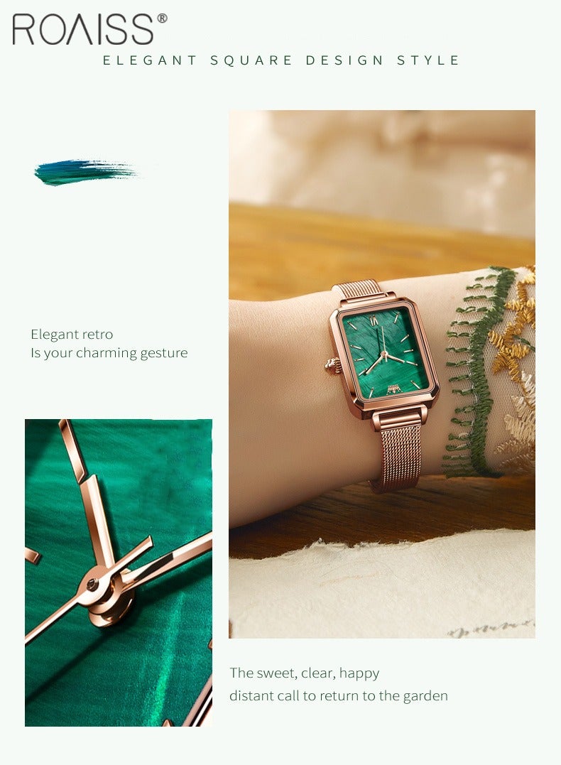 Women's Mesh Steel Strap Quartz Watch Analog Display Rectangle Green Dial Casual Watch