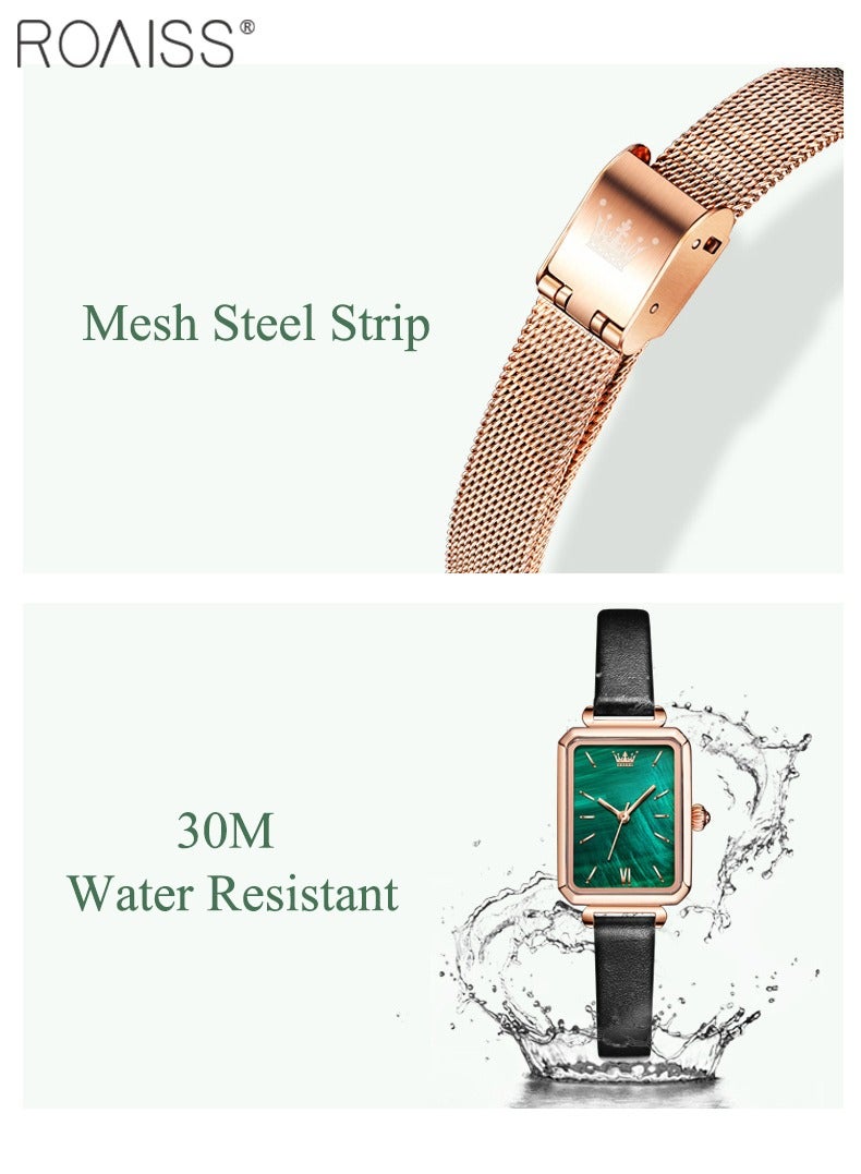 Women's Mesh Steel Strap Quartz Watch Analog Display Rectangle Green Dial Casual Watch