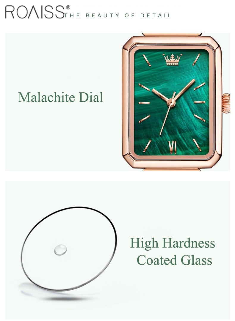 Women's Mesh Steel Strap Quartz Watch Analog Display Rectangle Green Dial Casual Watch